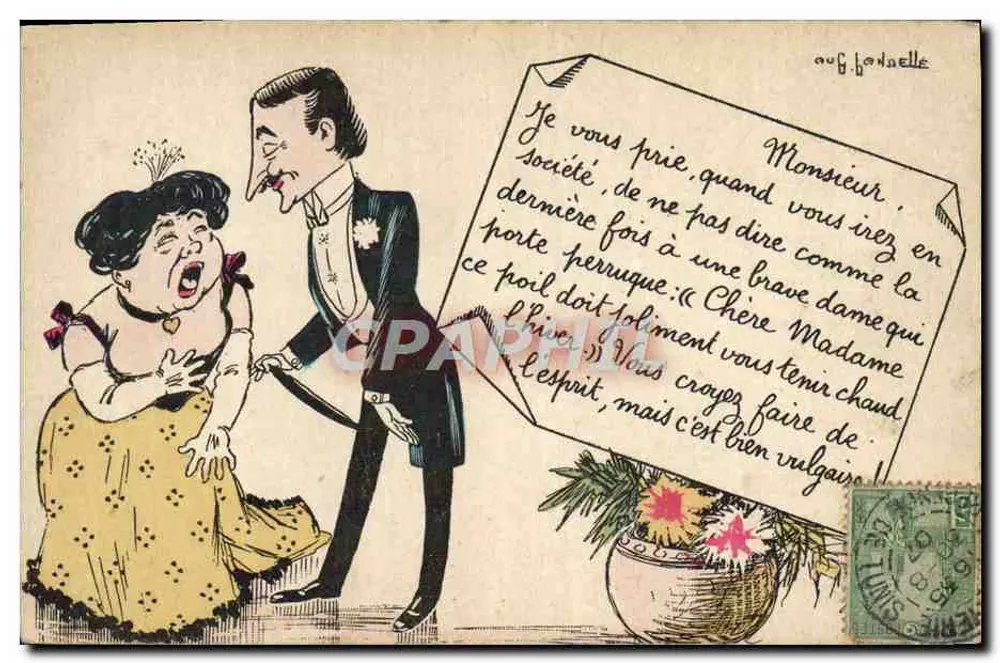 Karikatur eines Mannes und einer Frau — Herr, bitte, wenn Sie in Gesellschaft gehen, sagen Sie nicht wie die Tür... — gezeichnet von Aug Bonnelle - Vorderseite