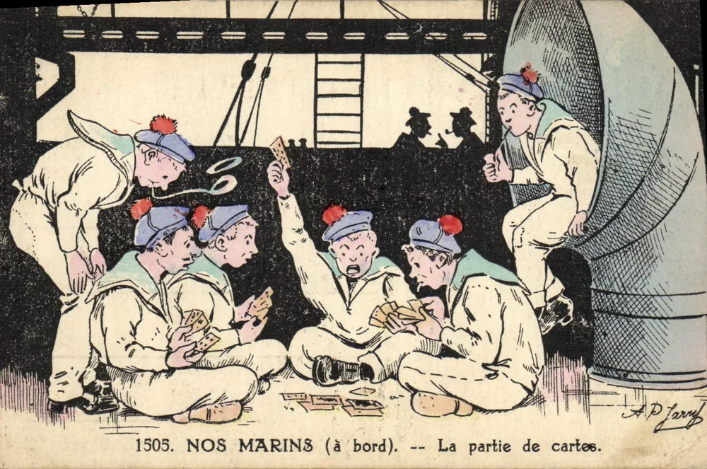 Unsere Matrosen (an Bord) — Karten spielen — A.D. Jarry, Nr. 1505 - Vorderseite