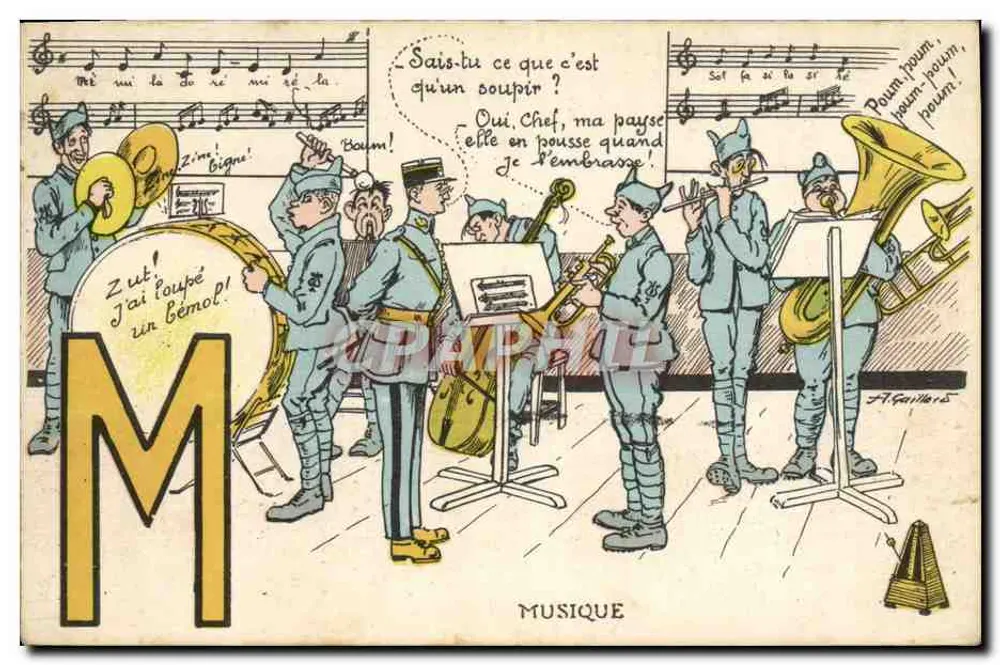 Musik — Humorvolle Ansichtskarte mit Militärorchester — J. A. Gaillard - Vorderseite