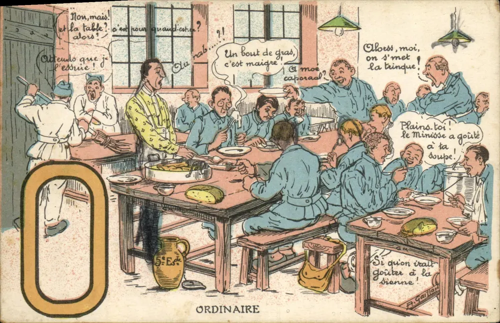 Refeição em uma cantina — caricatura de soldados — editor P. Gaillot, n° 0 - Frente
