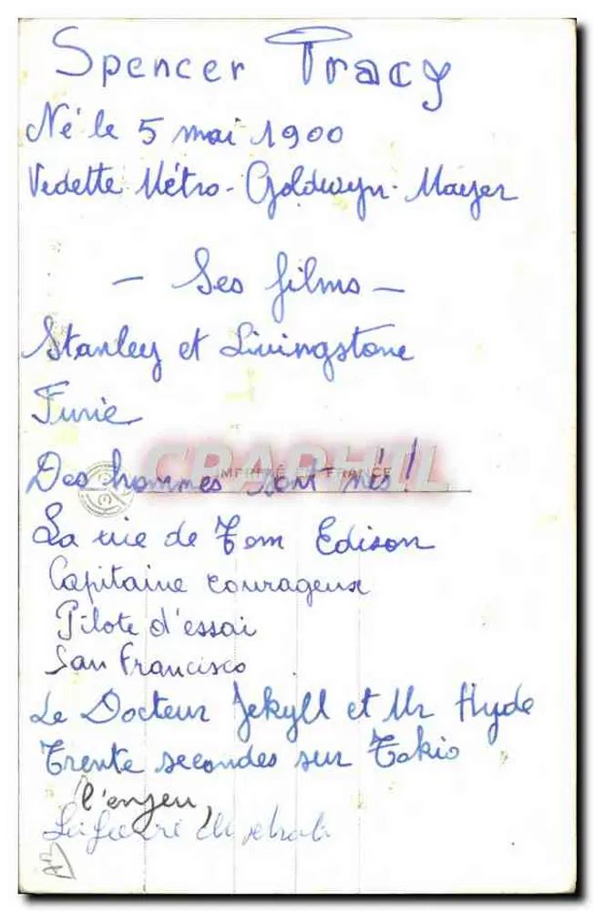 Spencer Tracy — vedete Metro-Goldwyn-Mayer — A.N. Paris, n°1191 - Verso