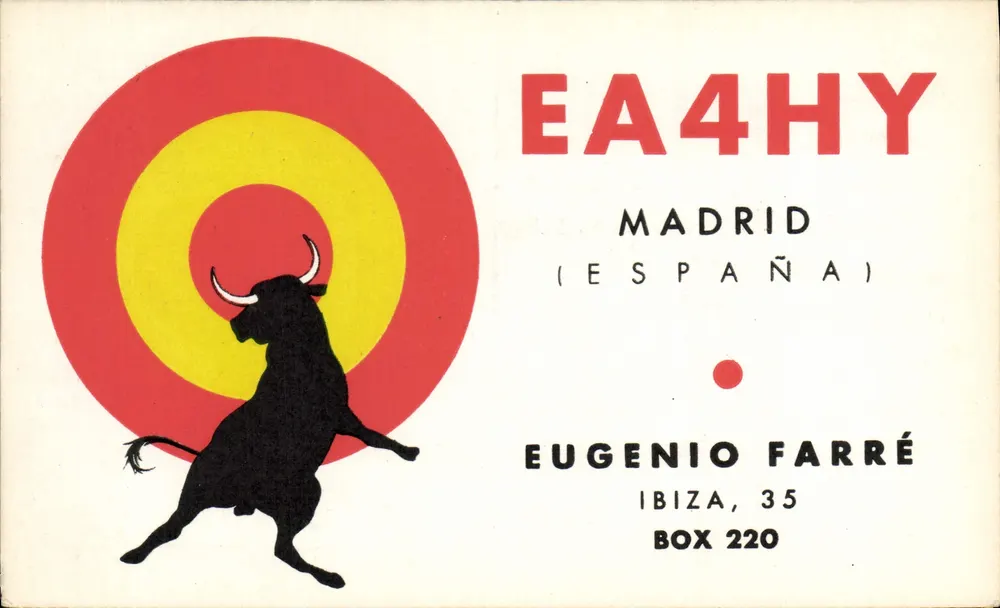 Stier vor spanischem Ziel — EA4HY Madrid (Spanien) — Eugenio Farré, Ibiza, 35, Box 220 - Vorderseite