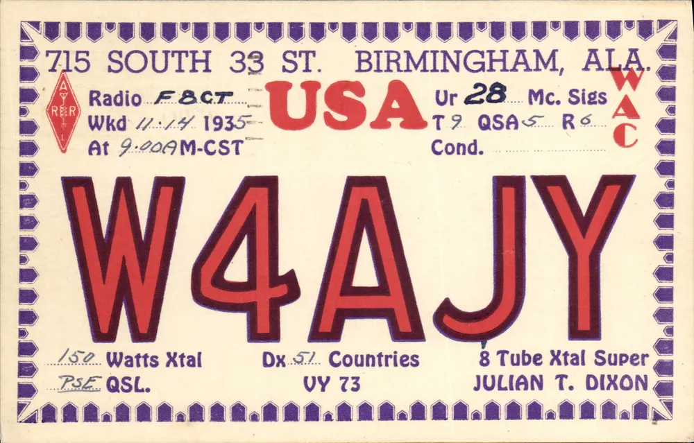 W4AJY — Funkstation in Birmingham, Alabama — Verlag ATERIL, Seriennummer nicht sichtbar - Vorderseite