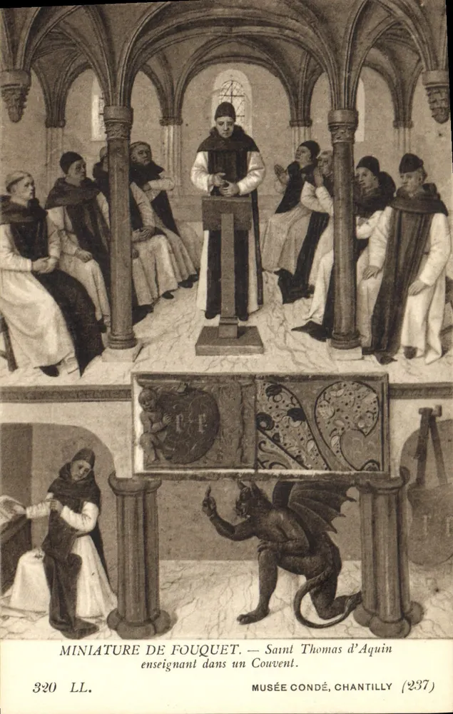 Heiliger Thomas von Aquin, der in einem Konvent lehrt — Miniatur von Fouquet — Musée Condé, Chantilly (237) - Vorderseite