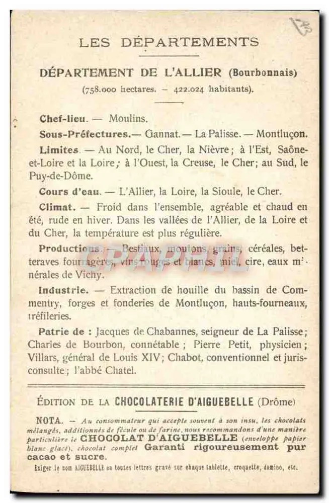 Département Allier — Bourbonnais — Edition der Chocolaterie d'Aiguebelle - Rückseite