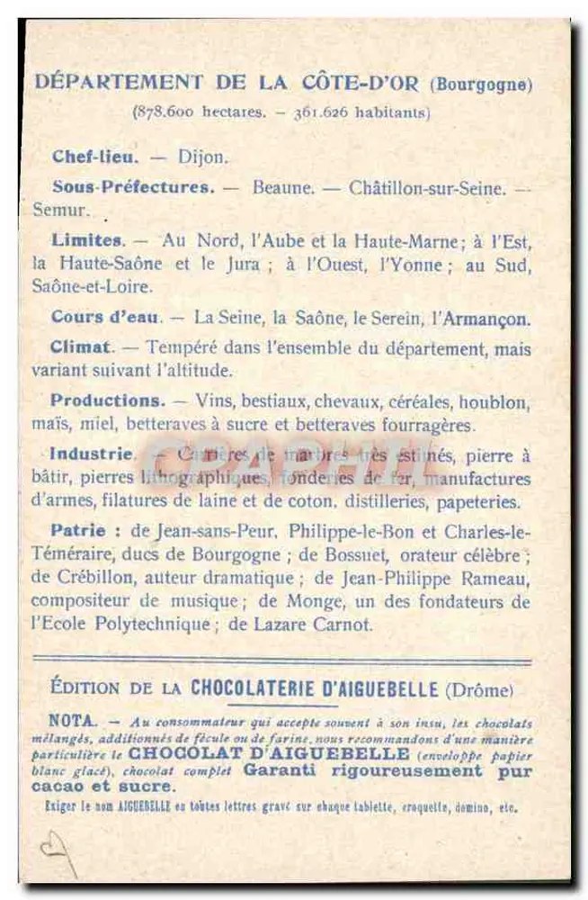 Côte-d'Or — Karte der Departements — Ausgabe der Chocolaterie d'Aiguebelle - Rückseite