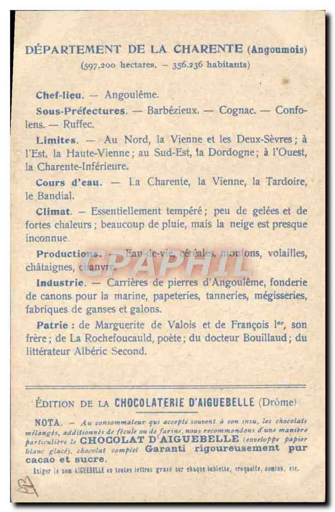 Die Departemente: CHARENTE — Ausgabe der CHOCOLATERIE D'AIGUEBELLE - Rückseite