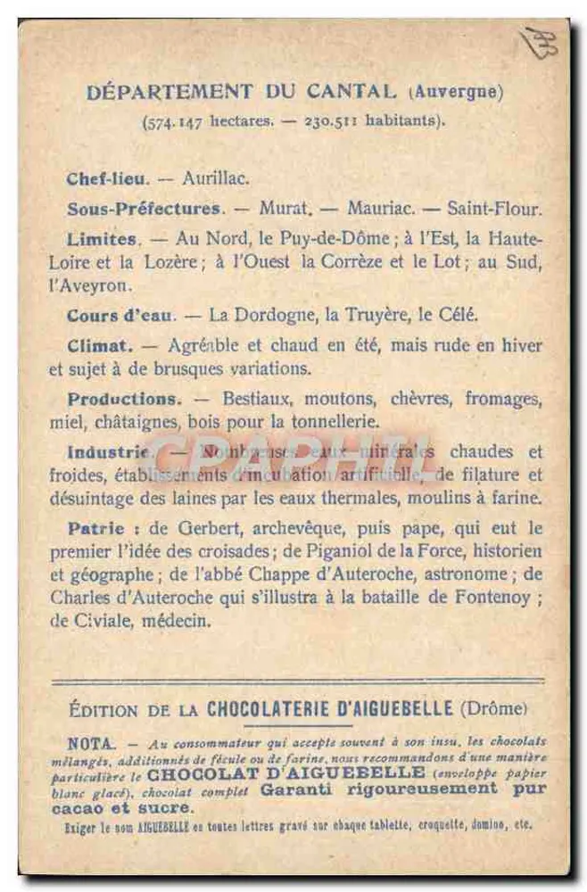 Die Departemente: Cantal — Ausgabe der Chocolaterie d'Aiguebelle - Rückseite