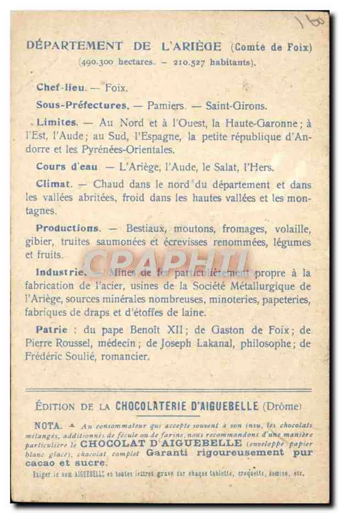 Ariège — Karte der Departements — Édition de la Chocolaterie d'Aiguebelle - Rückseite