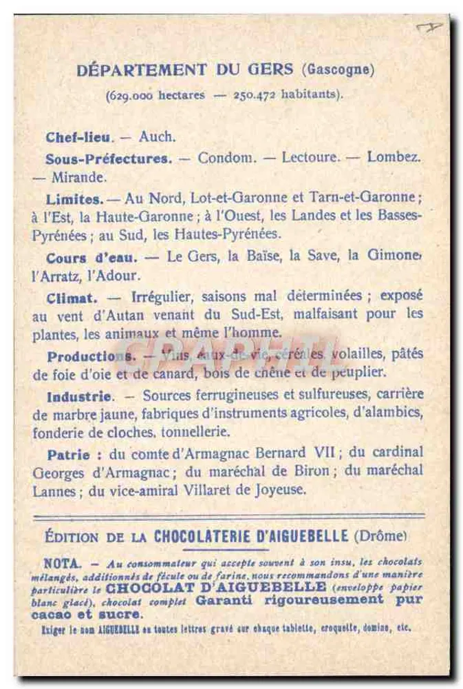Die Departemente: GERS — Ausgabe der Chocolaterie d'Aiguebelle - Rückseite