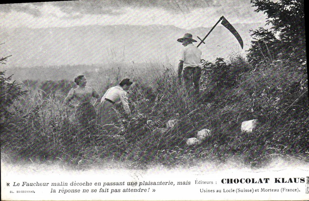 O Foiceiro malicioso dispara uma piada ao passar, mas a resposta não demora — CL. BOISSONNAS — Editores: CHOCOLAT KLAUS — Fábricas em Locle (Suíça) e Morteau (França) - Frente
