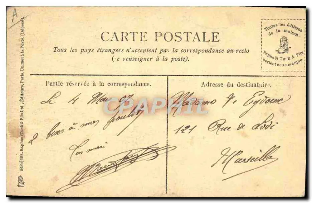 La Sarclouse — Mulher regando um campo — editor Raphaël Tuck & Fils, número de série não visível - Verso