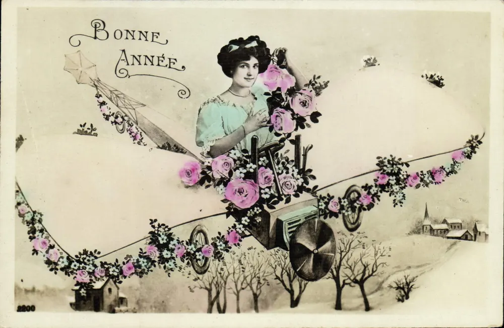 Frau in einem mit Rosen dekorierten Auto — Frohe Neujahr — Verlag Union Postale Universelle, Nr. 2800 - Vorderseite
