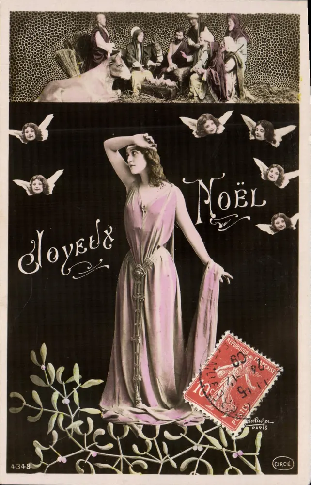 Weihnachten — Szene der Geburt Jesu und Frau in rosa Kleid — Verlag CIRCÉ, n° 4348 - Vorderseite
