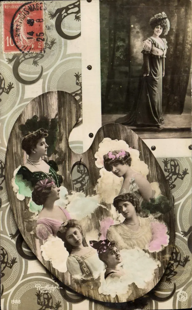 Cinco mulheres em vestidos elegantes — collage sobre paleta — editor Nadabex, Paris, 1908 - Frente