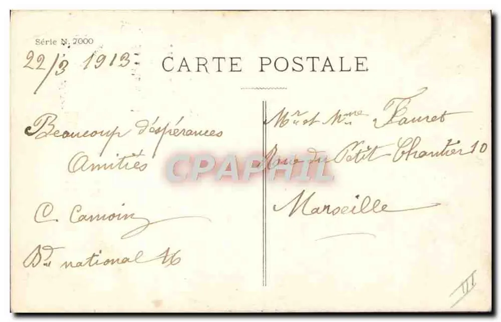 Bebê sentado em choux — cartão postal de 1913 — Série N°7000 - Verso