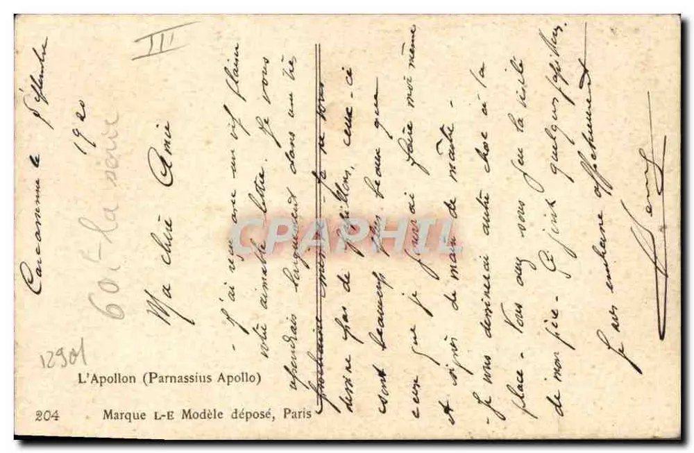 Dois borboletas nas Alpes — L'Apollon (Parnassius Apollo) — Marca L-E Modelo depositado, Paris, n°204 - Verso