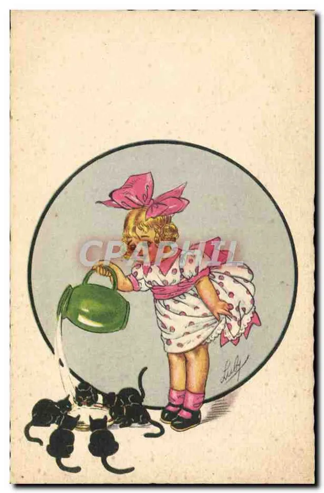 Kleine Mädchen, die Kätzchen bewässern — Illustration von Luly — Verlag Luly, n° 116 - Vorderseite