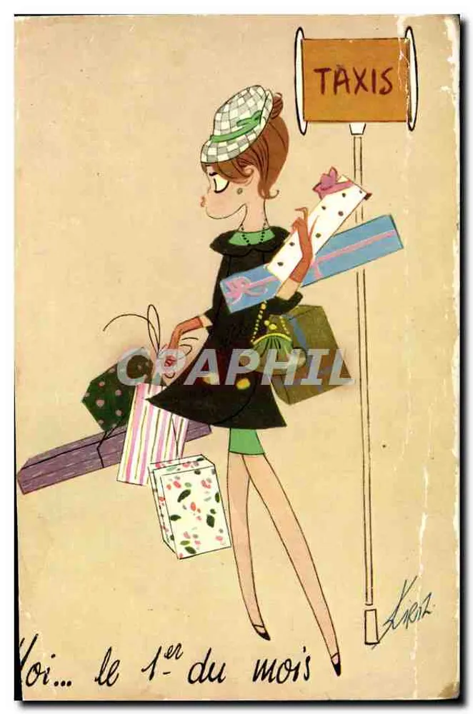 Femme avec sacs à main — scène de rue avec panneau TAXIS — éditeur Éditions d'art Jean Jaurès, Paris - Vorderseite