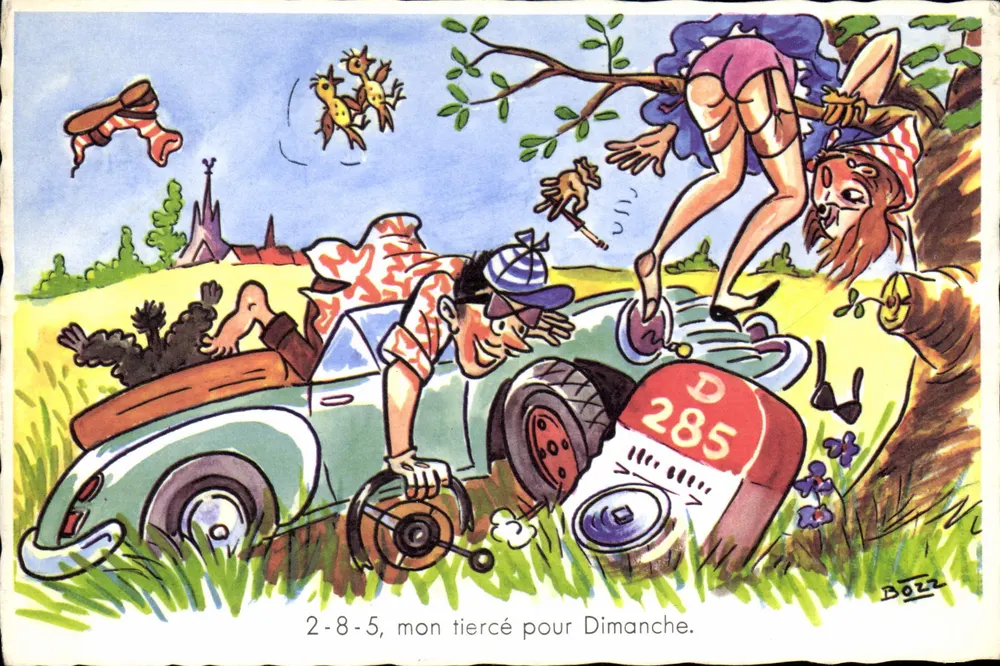 Carte postale humoristique — scène de course automobile avec personnages exagérés — éditeur M.D. Paris, série 1979 - Frente