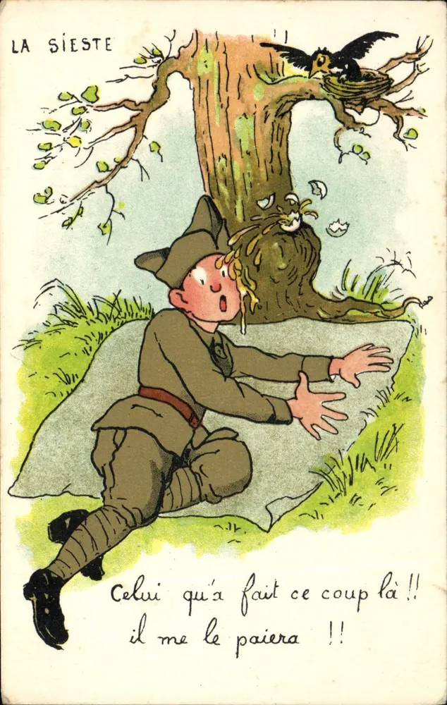 Śniadanie — Spokojny żołnierz pod drzewem, ptak w gnieździe — wyd. G. P. Paris - Awers