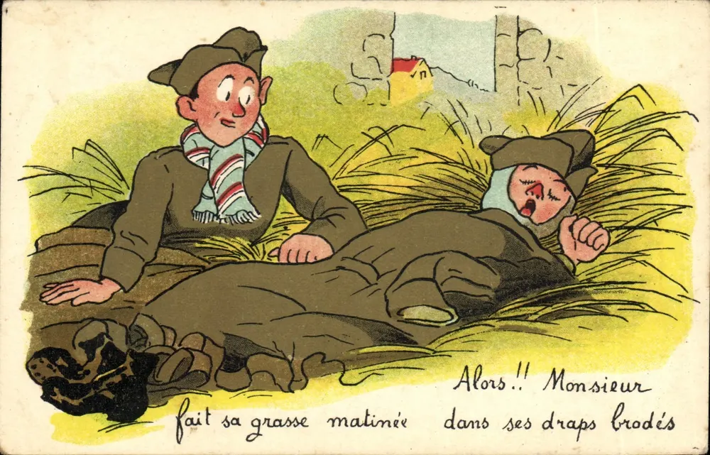 Dois soldados em uniforme de campanha — um dormindo, o outro sentado — texto impresso e manuscrito - Frente