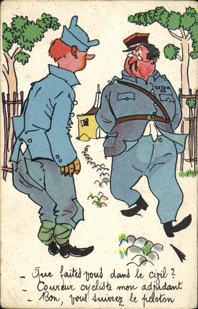 Correio ciclista e adjudant — caricatura militar — editor NOËR, Paris - Frente