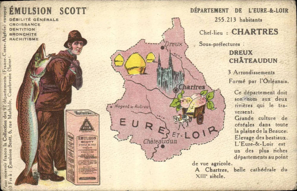Departamento de Eure-et-Loir — Carta turística com propaganda para a emulsão Scott — Editor: Coleção Scott - Frente