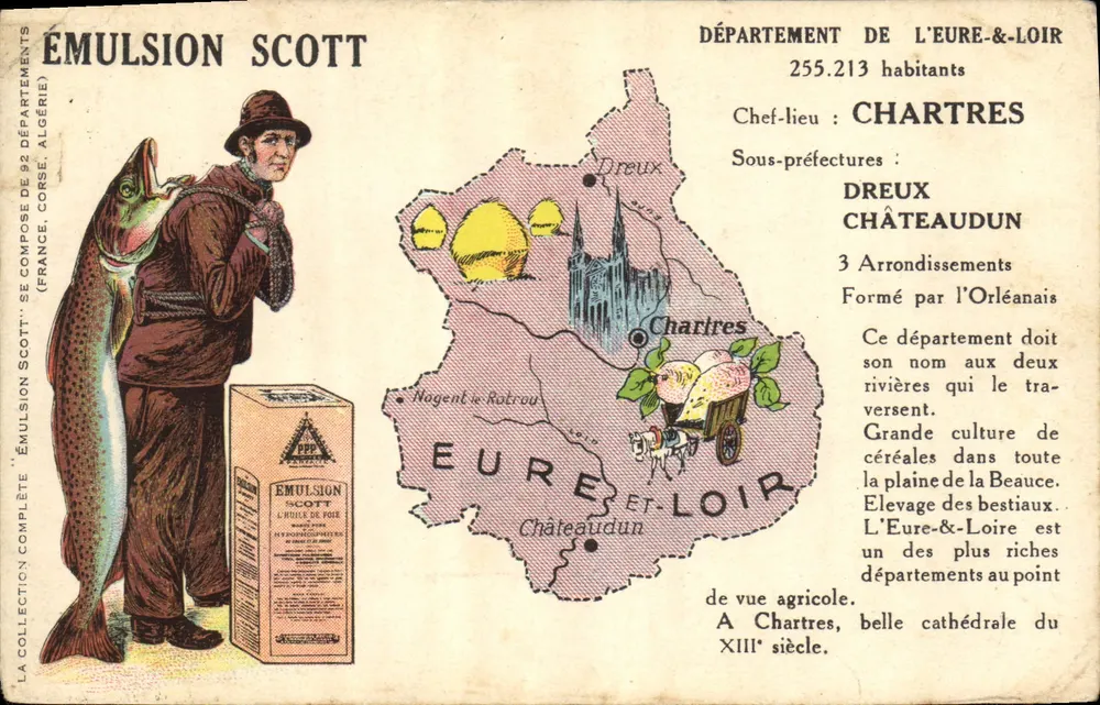 Département de l'Eure-et-Loir — carte publicitaire pour l'émulsion Scott avec carte géographique et illustration de pêcheur — éditeur Émulsion Scott - Awers