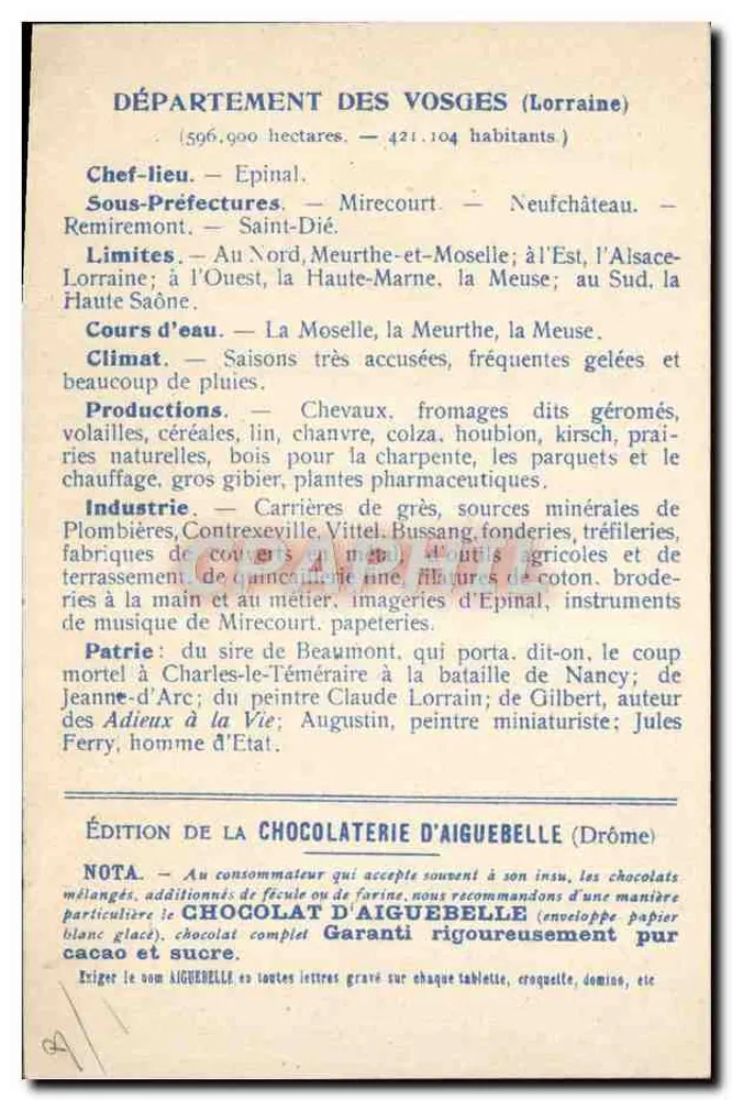 Die Departemente: VOSGES — Ausgabe der CHOCOLATERIE D'AIGUEBELLE - Rückseite