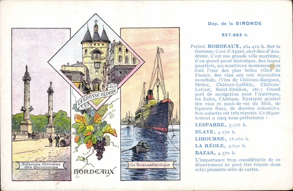 Bordeaux — Zentrale Säulen der Quincailleries, La Grosse Cloche, ein Transatlantikschiff — Sonderausgabe Pastilles Valda - Vorderseite