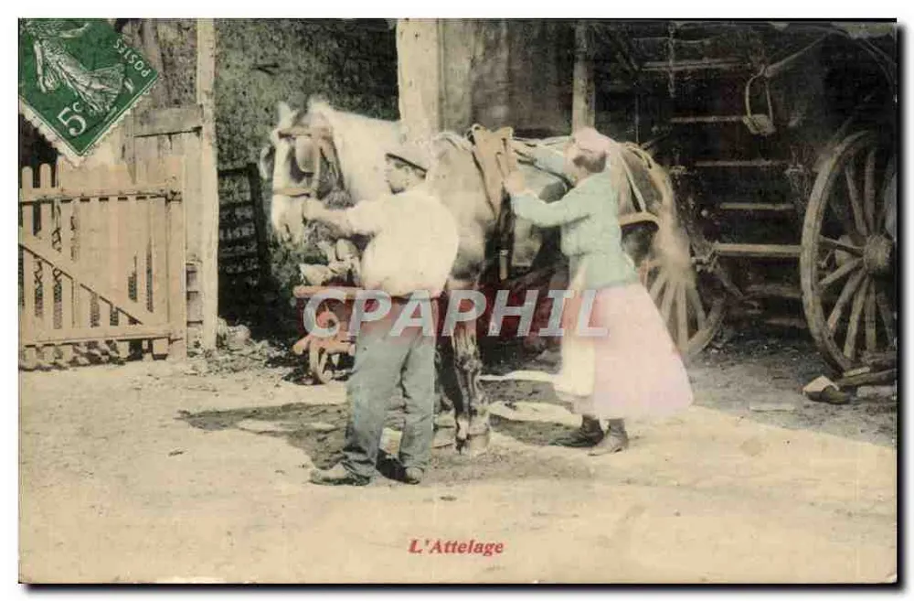 O Attelage — cena de preparação de um attelage com cavalo — editor não identificado - Frente