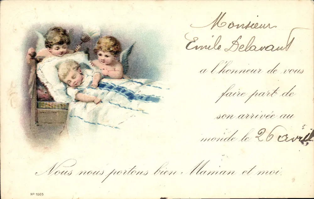 Säugling umgeben von Engeln — Geburtskarte — Verleger-Nr. 1005 - Vorderseite