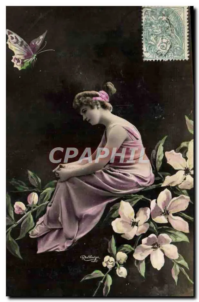 Junge Frau in rosa Kleid sitzt unter Blumen — mit Schmetterling — Verlag Rauthayer, Nr. nicht sichtbar - Vorderseite