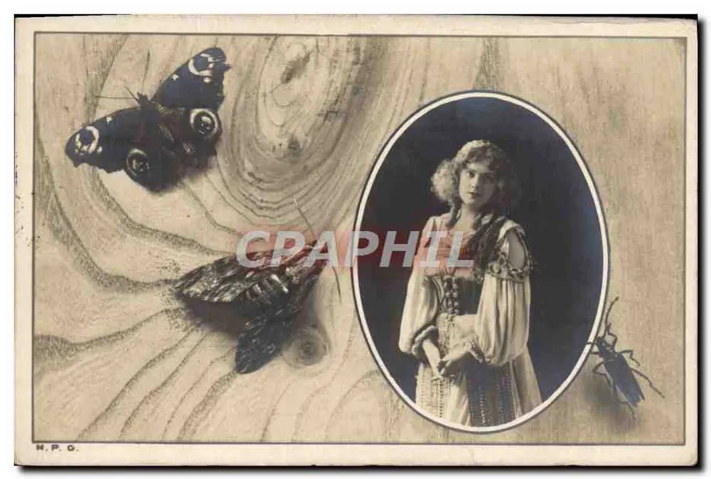 Frau in historischem Kleid — Insekten auf Holzgrund — N.P.O. (Serie 41, Nr. 6) - Vorderseite