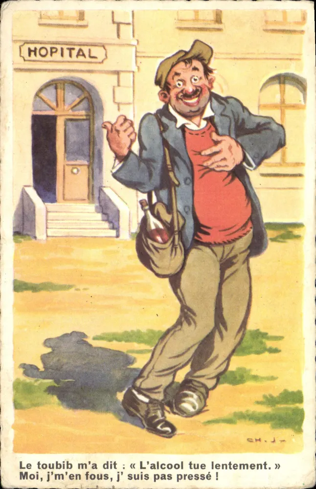 Krankenhaus — Karikatur eines Alkoholikers vor einem Gebäude — Zeichnung von CH.J. - Vorderseite