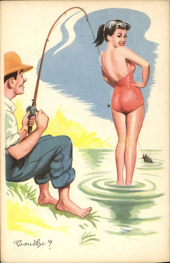 Fischer und Frau im Badeanzug — humorvolle Szene — Photodrom, n°377 - Vorderseite