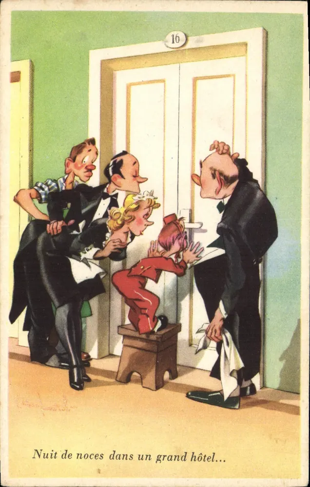 Hochzeitsnacht in einem großen Hotel — humorvolle Szene — Verlag nicht sichtbar - Vorderseite