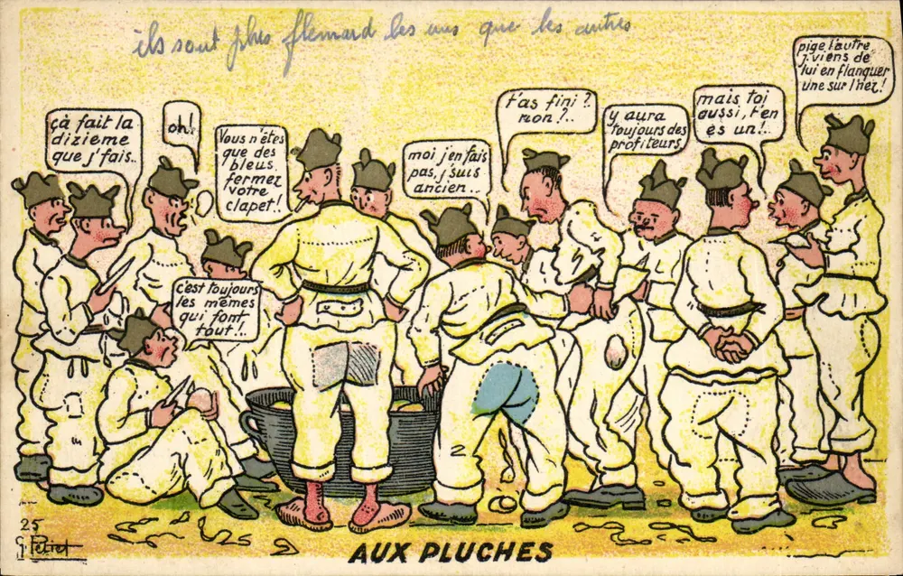 Bei Pluches — Karikatur von Soldaten in gelben Uniformen — G. Fétret, Nr. 25 - Vorderseite