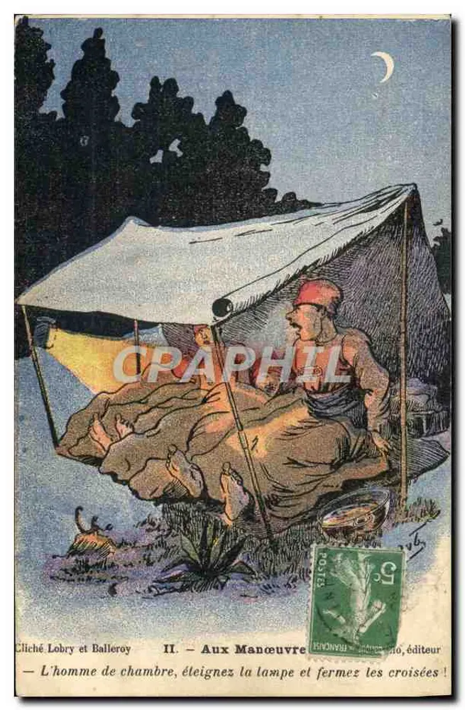 Aux Manœuvres — Scène de nuit sous une tente — Cliché Lobry et Balleroy, éditeur - Vorderseite