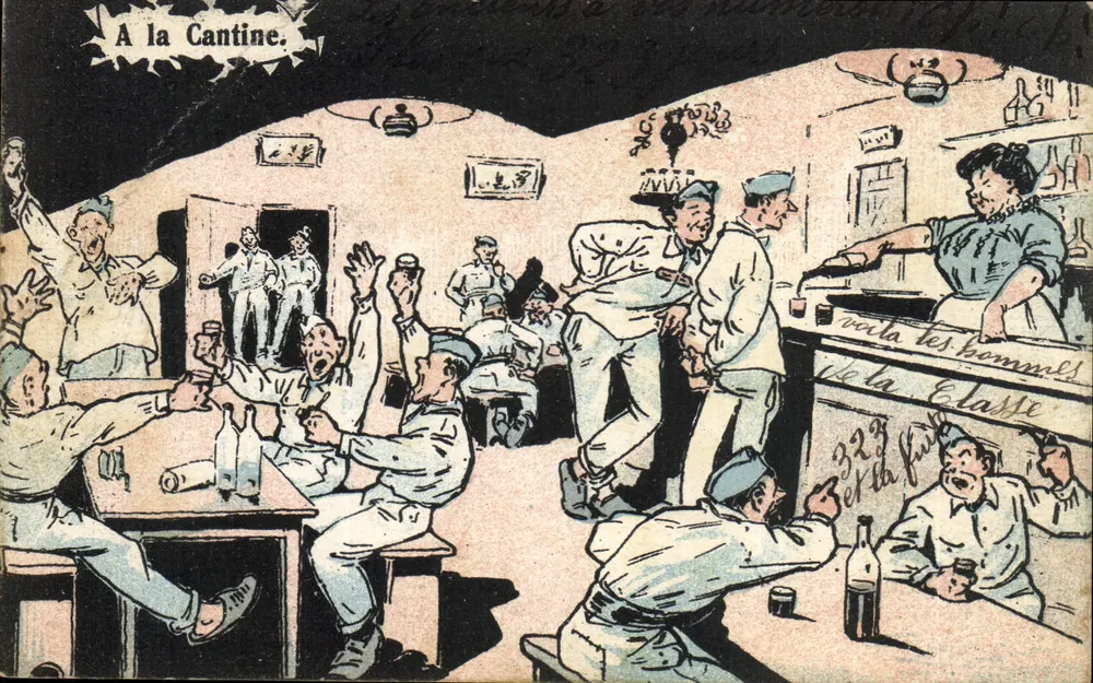 Bei der Kantine — Szene mit Soldaten im Uniform, die trinken und tanzen — Verlag nicht sichtbar - Vorderseite