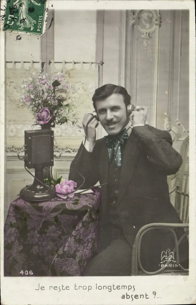 Mann am Telefon — gedruckter und handschriftlicher Text — Paris, n°406 - Vorderseite
