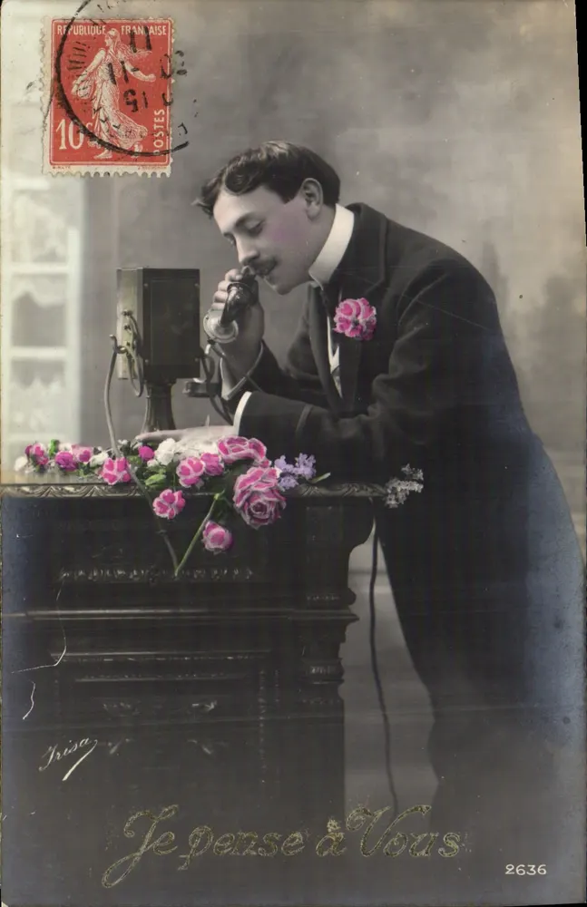Mann am Telefon — farbig gefärbte Ansichtskarte — Verlag Irisa, Nr. 2636 - Vorderseite