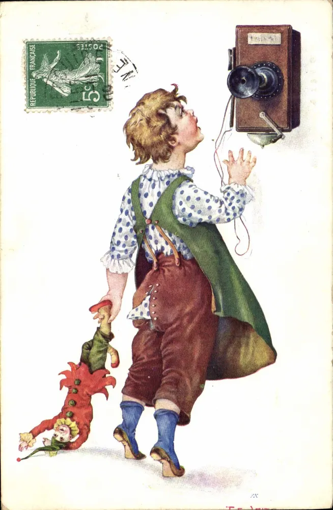 Kind, das mit einem Wandtelefon spielt — Verlag B.K.W.I, Nr. 472-3 - Vorderseite
