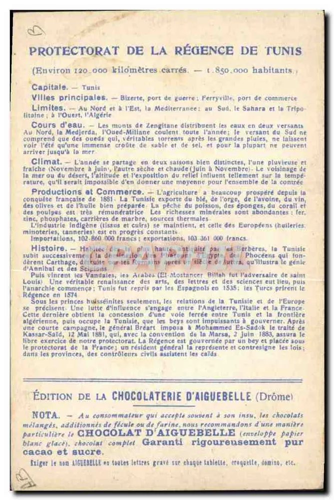 Die französischen Protektorats: Regenz von Tunis — Ausgabe der Chocolaterie d'Aiguebelle - Rückseite