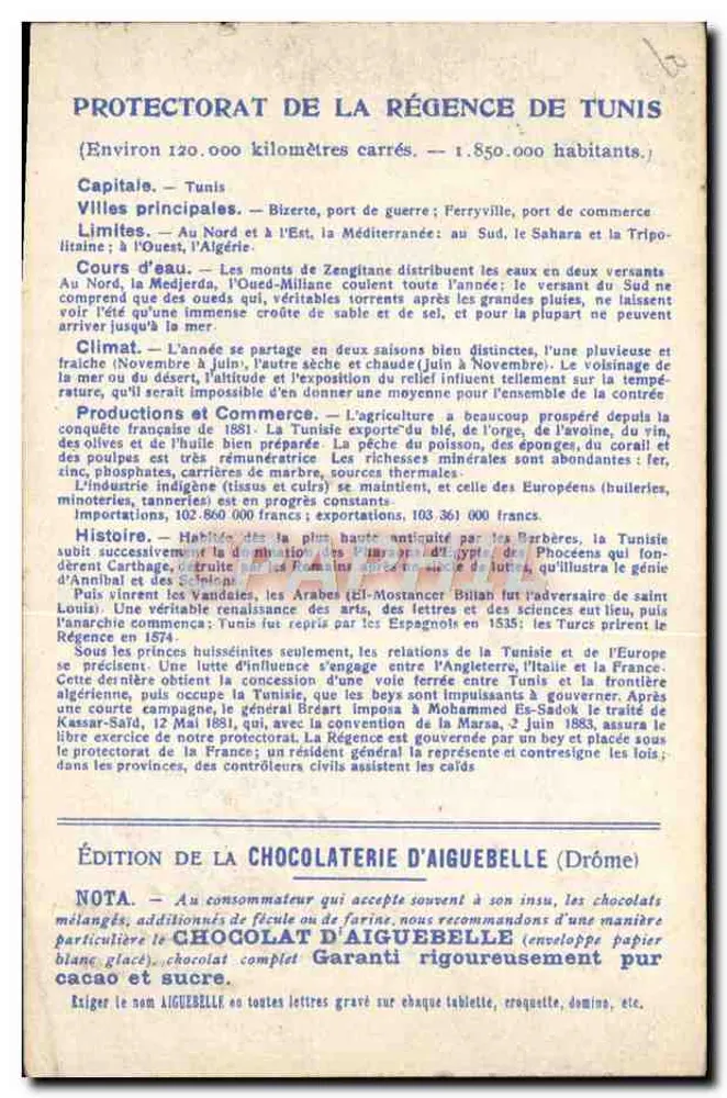 Die französischen Protektorats: Regency von Tunis — Édition de la Chocolaterie d'Aiguebelle - Rückseite
