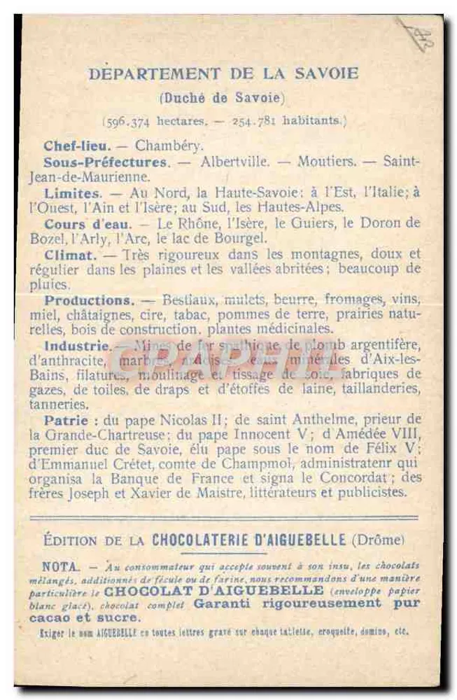 Savoie — Die Departements: SAOVOIE — Ausgabe der CHOCOLATERIE D'AIGUEBELLE - Rückseite