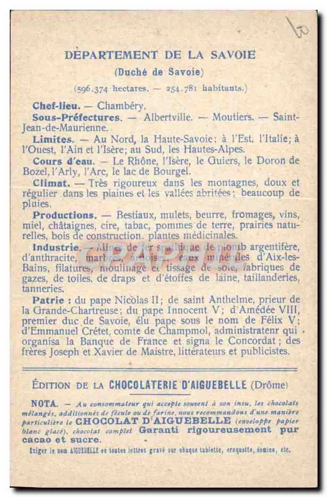 Die Departemente: SAVOIE — Édition de la CHOCOLATERIE D'AIGUEBELLE - Rückseite
