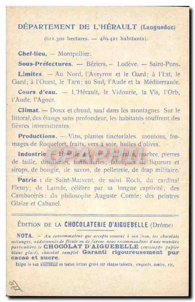 Die Departemente: HÉRAULT — Ausgabe der CHOCOLATERIE D'AIGUEBELLE - Rückseite