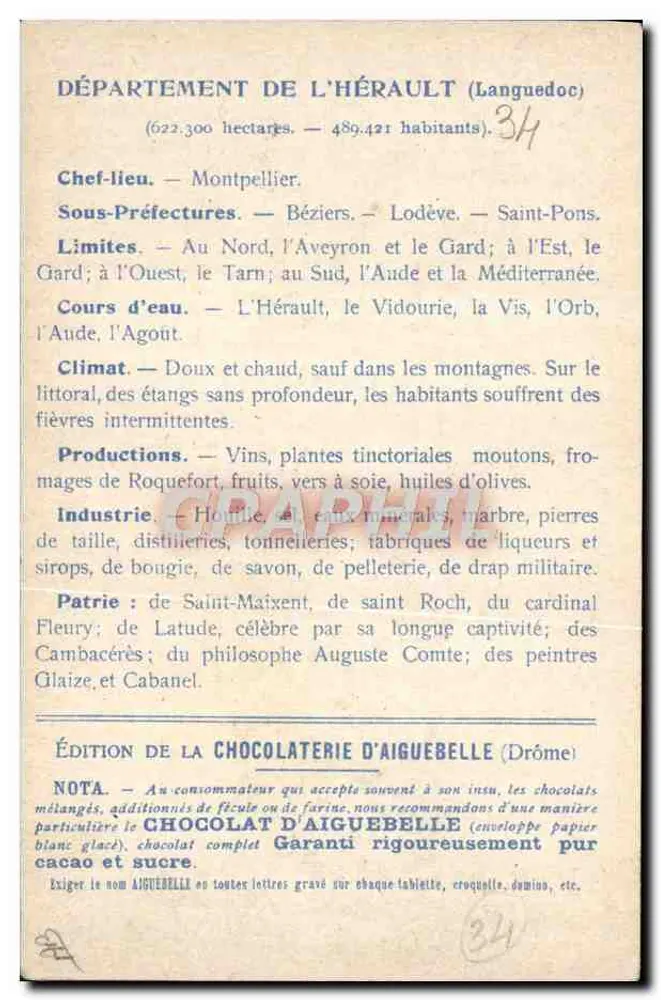 Die Departements: HÉRAULT — Ausgabe der CHOCOLATERIE D'AIGUEBELLE - Rückseite